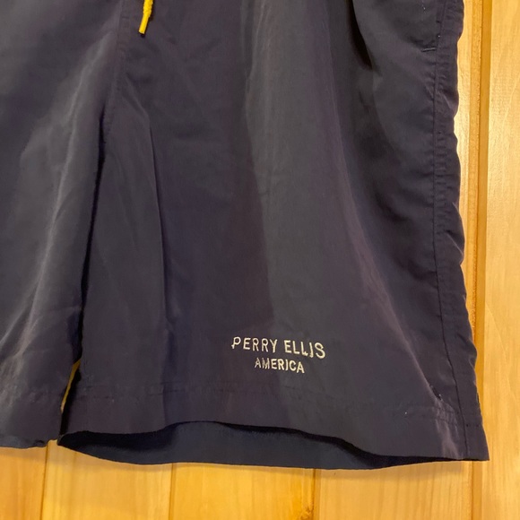 Perry Ellis America Active Men’s Navy and Yellow Swim Trunks - Picture 3 of 8